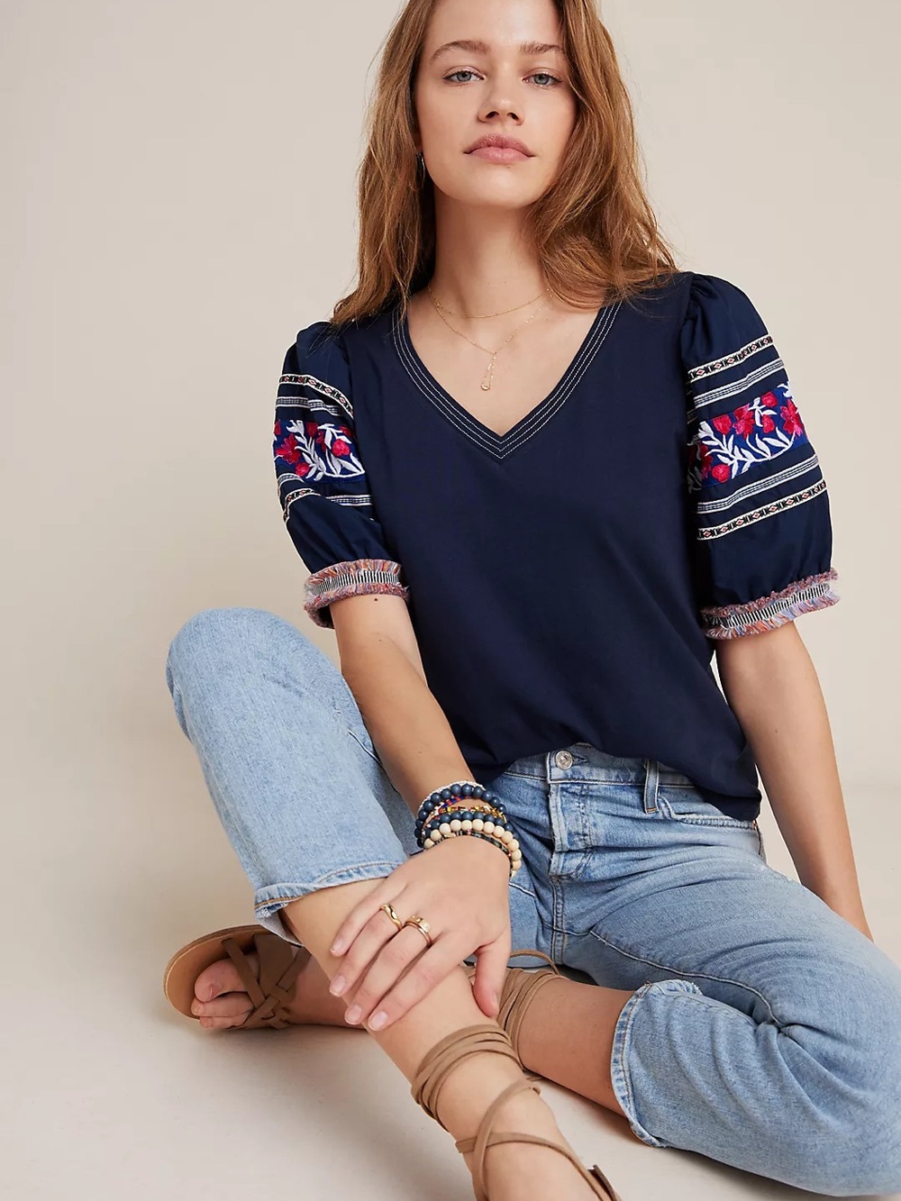 Anthropologie Tessann Embroidered Puff Sleeve Cotton Top size Large